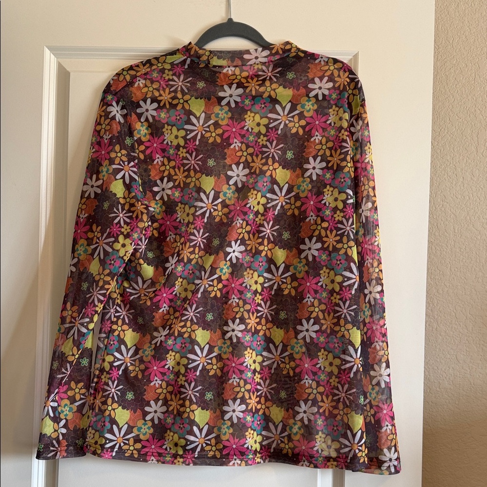 Turquoise Haven Colorful Floral Long Sleeve Mesh Top - Picture 7 of 7